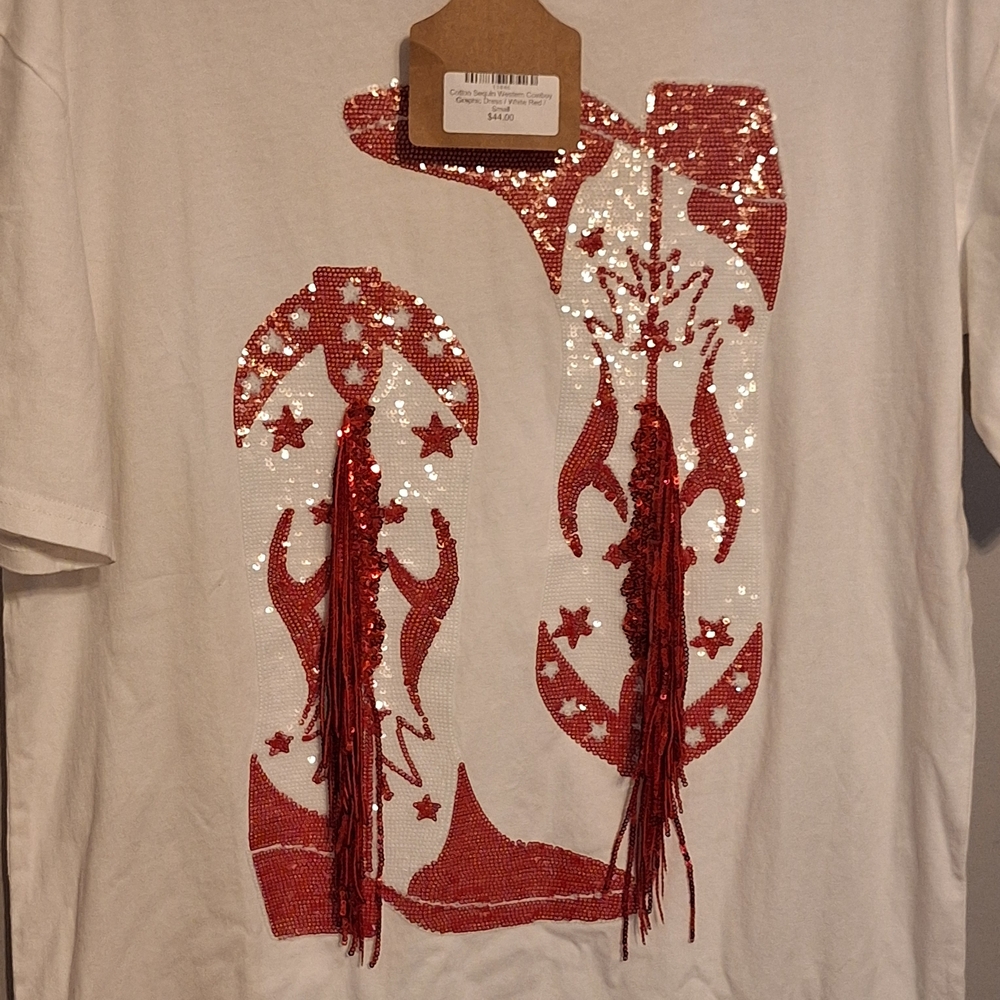 Blue B. Collection White T-shirt with Red Sequin & Fringe Cowboy Boot Design - Picture 5 of 13